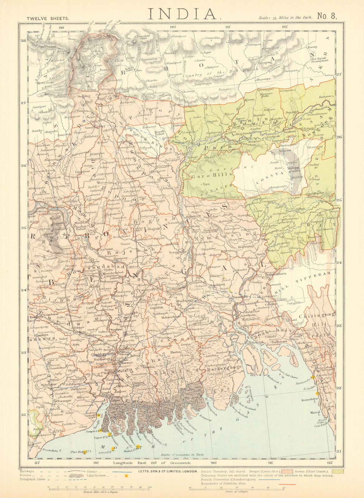 BRITISH BENGAL BANGLADESH Calcutta Bhutan Assam Sikkim. Railways. LETTS 1892 map
